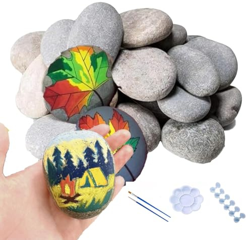 10 Piezas Piedras Planas para Pintar,Guijarros Pintados a Mano,Kit Completo de Manualidades Creativas con Caja de Pinturas de Huecos, Paleta y 2 Pinceles,para Decoración de Macetas,Acuarios y Jardín
