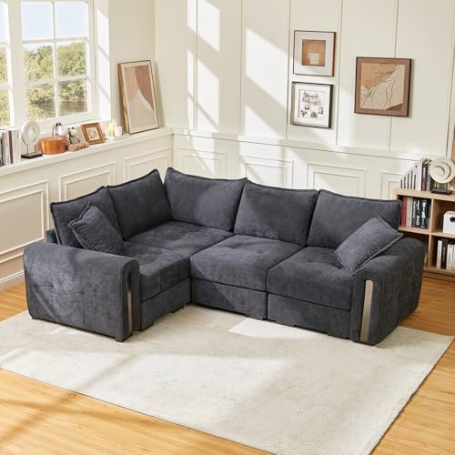 Vesgantti 4 Seater L-Shaped Modular Corner Sofa with Storage, Dark Grey | Convertible Left/Right Hand, Easy Assembly, Premium Chenille, 2C1 Small Corner Couch for Living Room, Bedroom, Office, Studio