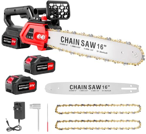 Sararoom 16inch Chainsaw Cordless, 21V Brushless Battery Chainsaw with 4000mAh Battery & Charge, 1800W 21000 RPM Handheld Chain Saw with 2 Chains for Branch Pruning Wood Cutting