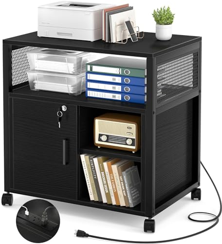 iSunirm Rolling File Cabinet, Lateral Filing Cabinet on Wheels Mobile Office Printer Stand with Door and Open Storage Shelf for A4, Letter Size and Hanging File Folders, Black