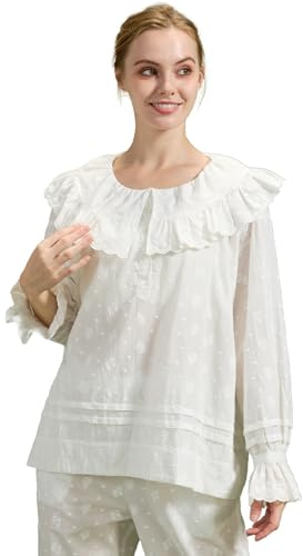 BEAUTELICATE Women Victorian Blouse 100% Cotton Embroidered Long Sleeve Cottagecore Shirts Retro Loose Renaissance Top Off White