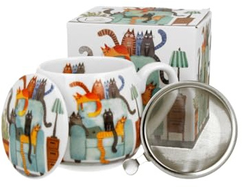 Duo Porcelain - Tetera Taza de Porcelana con con infusor y tapa - New Bone China - 430 ml – Diseño “Gatos en el Sofá” – Incluye Caja Decorativa para Regalo