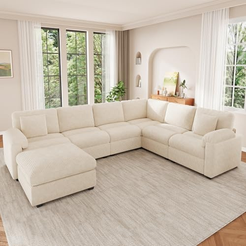 Sapgaks Canapé Convertible 7 Places en U/L avec Poufs Mobile, Grand Canapé d'angle Convertible en Velours Côtelé avec Coussins, Canapé Modulable Multifonctionnel au Salon Appt, Beige