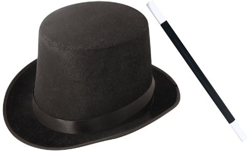 Accessoires du petit magicien avec un chapeau haut de forme noir + une baguette magique noire et blanche pour enfant. Idéal pour réaliser ses premiers tours.