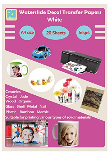 Rolurious 20 Sheets Inkjet White Waterslide Decal Paper A4 Size DIY Printable Water Slide Transfer for Tumblers Mugs Glasses Wood