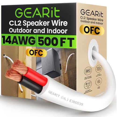 GearIT Cable de altavoz de pared OFC 2 x 2,5 mm≤ (152,4 metros, blanco) cobre sin oxígeno - Cable de audio de alta fidelidad para pared/clasificación CL2 / 2 conductores - calibre 14 AWG, 500 pies