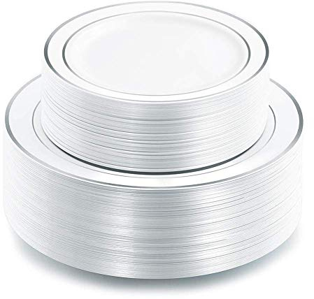 I00000 102pcs Silver Plastic Plates, Disposable Plastic Party Plates with White Silver Rim Fancy Wedding Party Plates Include 51 Dinner Plates 10.25 and 51 Dessert Appetizer Plates 7.5