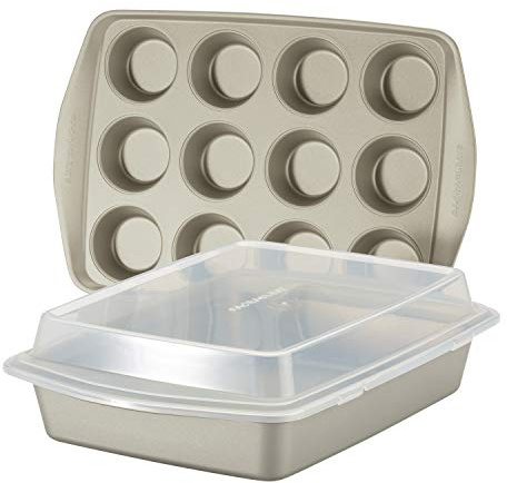 Rachael Ray Nonstick Bakeware Set without Grips includes Nonstick Baking Pan with Lid and Muffin Pan / Cupcake Pan - 3 Piece, Silver