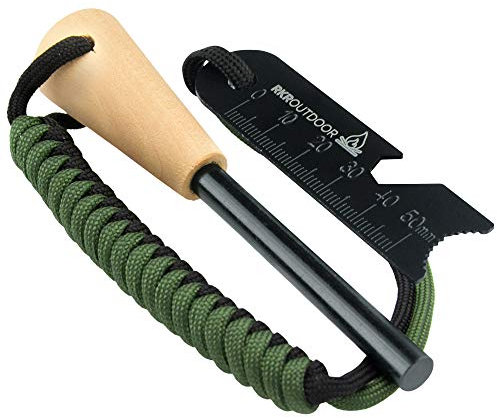 RKR OUTDOOR Ferro Rod Flint Fire Starter Kit with Handcrafted Wood Handle |12,000+ Strikes | Survival Flint and Steel Rods with Multi-Tool Striker and Paracord Neck-Wrist Lanyard for Your Camping Gear