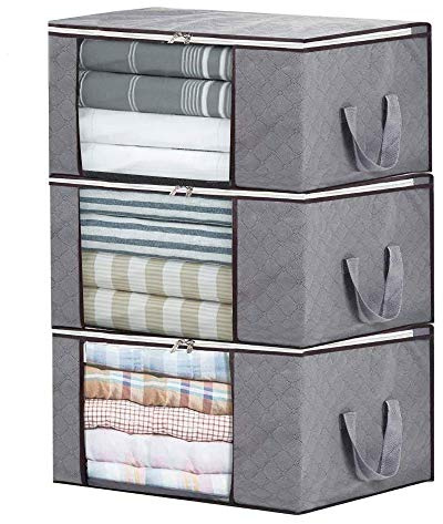 LATTCURE 3 Stück Aufbewahrungstasche, 90L Aufbewahrungsbox mit Deckel Große, Faltbare Aufbewahrung Umzugskartons für Bettdecken Decken Kleidung Unterbett Kleiderschrank, Grau (60 x 36 x 42 cm)