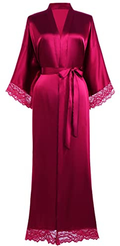 BABEYOND Women's Kimono Dressing Gown Satin Kimono Robe Long Kimono Bridesmaid Bath Robe with Lace Trim for Nightwear Girl's Bonding Party Wedding Pajama Party(Winered)