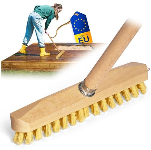 Schrubber und Holzstiel mit Borsten| Wischer mit Gewinde| Scheuerbürste PPN| Boden-Bürste| für Reinigung Balkon Terrasse Garten Innen- Außenbereich wurzelbürste mit stiel