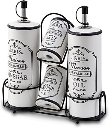 For Friends Menage Set, Essig Öl Salz Pfeffer Paris Line in Schwarz & Weiß Mit Aufdruck, Aus Steinzeug Mit Edelstahl-Gestell, Vintage im Shabby Chic Look