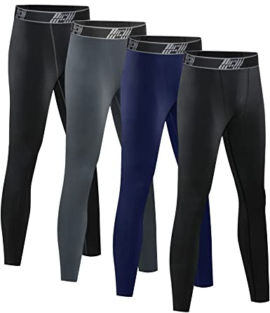 HOPLYNN 4 Pack Youth Boy’s Compression Pants Leggings Tights Quick Dry Athletic Base Layer Under Pants Gear for Kid’s Football Basketball Sports -2 Black 1 Blue 1 Grey-L