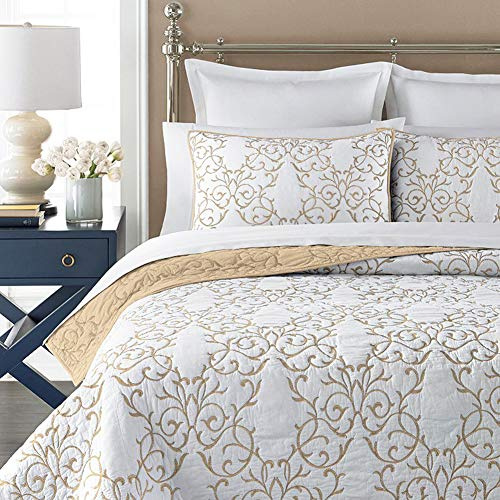 mixinni Parure de lit 2 pièces réversible pour lit jumeau, Beige à Motif brodé élégant avec taie d'oreiller décorative brodée, Couvre-lit Doux et Doux, lit jumeau