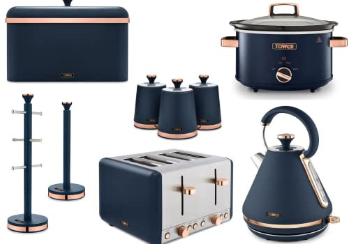 Tower Cavaletto 3KW 1.7L Pyramid Kettle, 4 Slice 1800W Toaster, 3.5L Slow Cooker, Bread Bin, 3 Canisters, Mug Tree & Towel Pole in Midnight Blue & Rose Gold. Matching Kitchen Set of 9 Items