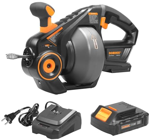 DOMINOX Limpiador de tuberías de 18V con espiral de limpieza de 7,6m para tuberías de 18-65 mm, Limpiadores de tuberías de batería para baños, cocinas, baños