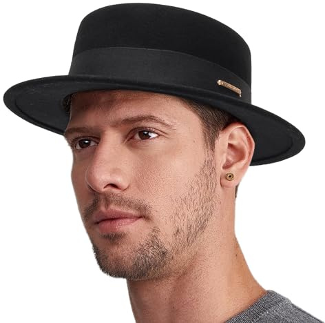 Chapeau de Tarte au Porc pour Homme et Femme, Chapeau Plat en Laine à Bord Court pour église, Derby, Casquette en Feutre Fedora, Noir, Medium