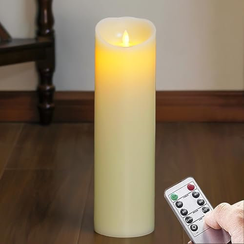 Yeelida Flammenlose 10 cm x 35 cm Timerfunktion, elfenbeinfarben, große LED-Kerzen mit Fernbedienung, batteriebetrieben, flackernder, beweglicher Docht, hohe Kerzen aus Echtwachs,1Stk