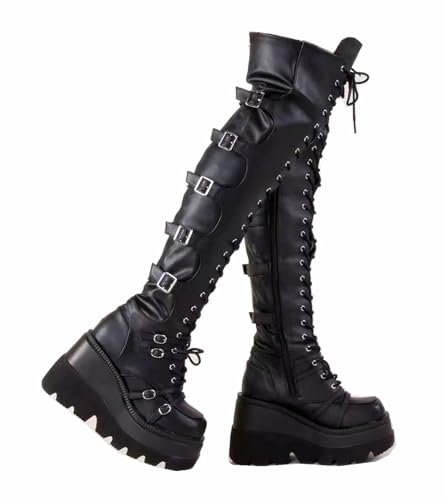 Gothniero Schwarze Plateau-Stiefel über Knie, Oberschenkelhoch, Gothic-Stiefel für Damen, klobiger Absatz, Rave-Motorradstiefel mit Schnallen, seitlichem Reißverschluss, Schnürstiefel, Größe 36-42