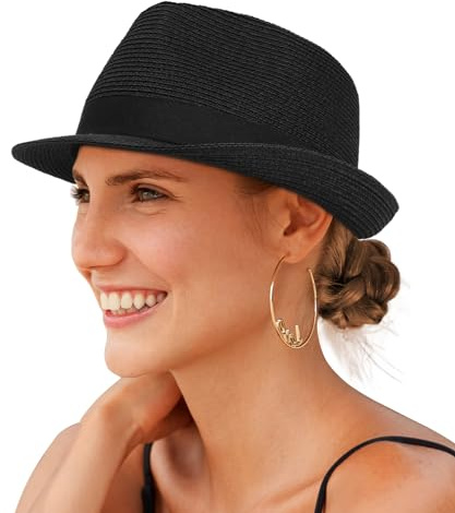 Creekstone Chapeau de Soleil Fedora en Paille pour Homme et Femme à Bord Court Panama Trilby Chapeau Été de Plage Pliable UPF 50+ (FR/ES, Alpha/Lettres, M, Noir)