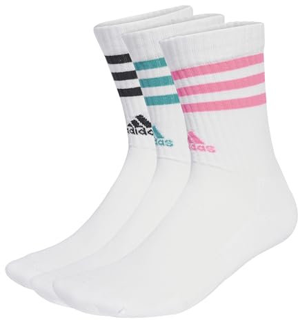 adidas Unisex - Adulto 3-Stripes Cushioned Crew Socks 3 Pairs, White/Pure Teal/Lucid Pink/Black, 6.5-8