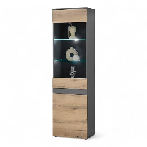 Stella Trading Taylor Vitrine in Anthrazit, Evoke Eiche Optik - Moderner Vitrinenschrank mit LED-Beleuchtung und viel Stauraum - 55 x 192 x 38 cm (B/H/T)