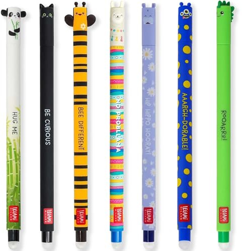 LEGAMI - Lot de 7 stylos gel effaçables avec encre effaçable thermosensible, gamme de couleurs d'encre et dessins de tonneau, pointe de 0,7 mm, motif panda, chat, abeille, lame, lion.