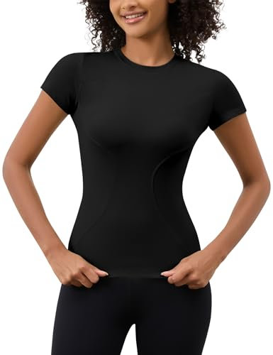 IECCP Women's Gym Tops Basic Short Sleeve T-Shirt Sports Running Fitness Top Crew Neck Ladies Gym Yoga Workout T-Shirt Black XS