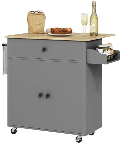 HOMCOM Isla de Cocina con ala Abatible Carrito de Cocina Mueble Auxiliar de Cocina con Ruedas 2 Puertas Cajón Especiero Toallero y Estante Ajustable 106x42x87 cm Gris y Roble