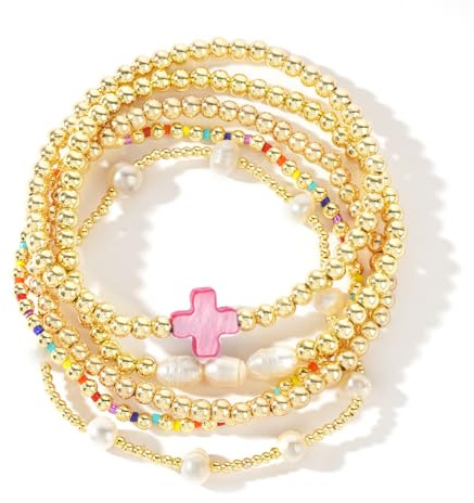 SHINUS BOHO 14K Gold Pearl Beaded Cross Bracelets Stack Set for Women,Stretch Pink Beads Ball Jewelry Friendship Summer Vacation Outfit Trendy Stocking Stuff Mothers Day Gift