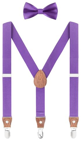 WANYING Set di papillon unisex per bambini, forma a Y, 3 clip, larghezza 2,5 cm, bretelle elastiche e papillon per 3-8 anni, viola scuro, Tinta unita viola scuro - con papillon, für Kinder 2-8 Jahre