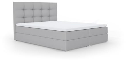 FurniDe24 Boxspringbett mit Taschenfederkernmatratze H3, Doppelbett mit gestepptem Kopfteil und 2 Bettkästen, Topper-Matratze 3cm, verstärkter Rahmen, grau Samt, 180x200cm - Piko