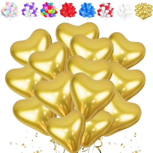 LUKIUP gyllene hjärtballonger, 50 stycken XL hjärtballonger, latex hjärta ballong helium 30 cm, latexballonger med hjärtform för bröllopsdekoration, bruddusch, födelsedag, alla hjärtans dag