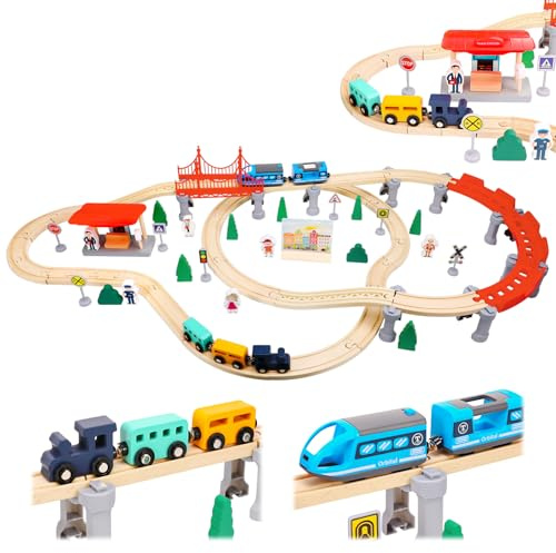 Wooden Train Set 74PCS, Electric Train Sets with Wooden Train Track, Magnetic Train, Bridge Track Railway Kits for Kids Boys Ages 3+ Years Old, Birthday Christmas New Year Gifts for Kids Boys Girls