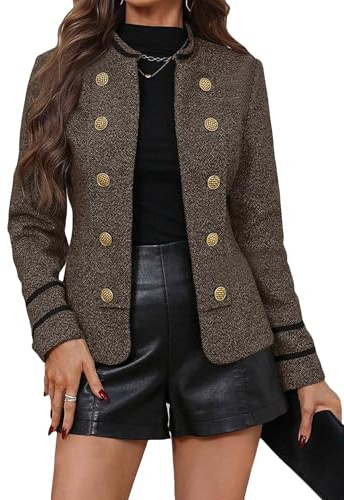 Mina Self Tweed Blazers Jacket For Women Sweater 2025 Fall Brown Double-Breasted Cropped Crop Short Business Casual Work Professional Winter Womens Dressy Petite Women's Blazer Jackets Coat 7/BR S