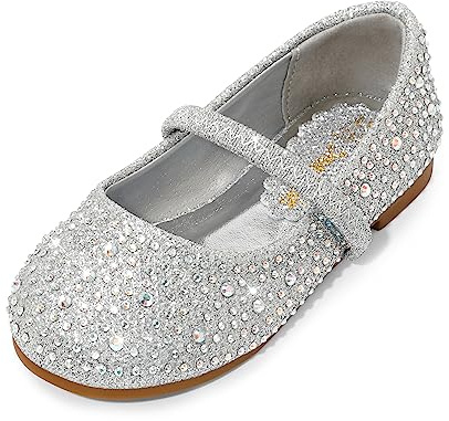 DREAM PAIRS Toddler Girls Dress Shoes Mary Jane Ballet Flats, Flower Girl Shoes with Rhinestone, Slip-on Toddler Mary Jane Flats,Size 8 Little Kid,Silver/Glitter,MUY-Shine-Infant-1