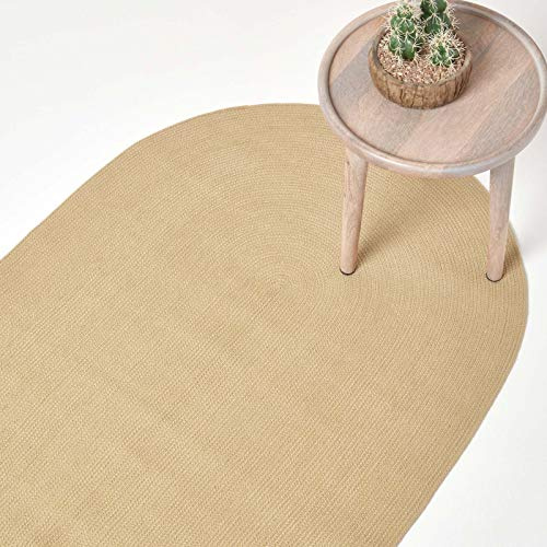 HOMESCAPES Linen Handmade Braided Oval Rug For Bedroom & Living Room Light Brown Reversible Woven Cotton Rug, 90 x 150 cm