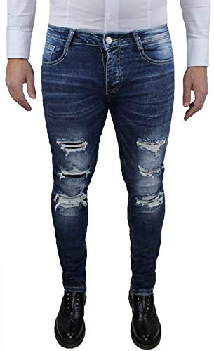 Evoga Jeans Uomo Pantaloni Slim Fit Aderenti Blu Denim Casual (50, Blu Scuro con Strappi)