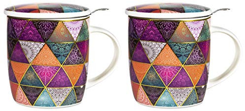 Phoenix Import Set di 2 tazze in confezione regalo MUG da 400 CC, Coperchio e infusore Inox - Porcellana Bone China (Mandala Multicolore) 66