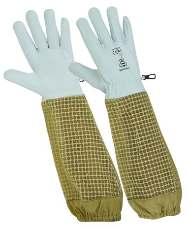 BeeProGear Leather Gloves White | Beekeeping Protective Goatskin Leather Gloves | Beekeeper's Glove with Long Canvas Sleeve (XX-Large, Brown)
