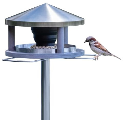 LicusDesign Vogelhaus mit Ständer wetterfest aus Edelstahl - Stabiles Vogelfutterhaus für draußen, modern aus Metall - Vogelfutterstation - Futterhaus für Vögel stehend