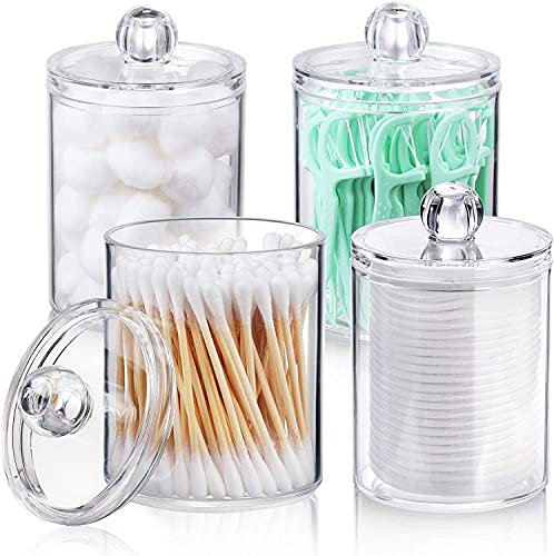 AOZITA 4 Pack Cotton Pad, Cotton Buds Holder Dispenser for Cotton Ball, Swab, Round Pads, Floss - 10 oz Clear Plastic Apothecary Jar Set Bathroom Canister Storage Organization, Vanity Makeup Organizer