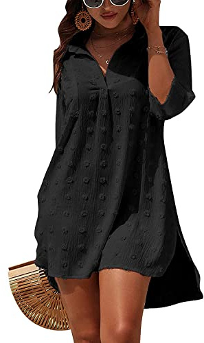 Rayson Vestido de Playa Mujer Camisa Beach Cuello en V Bikini Camisolas Cover up de Verano Color Sólido Blusa de Biquini Jacquard(Negro)