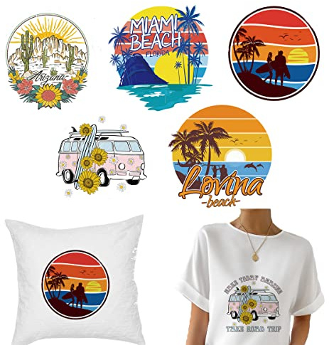 Summer Iron on Transfer Hawaiian Iron on Decals T-shirt Iron on Patches Heat Transfer Stickers Thermal Transfer Applique Sunset Palm Tree Flowers Car Design Beach Costume DIY Decorations Supplies 6PCS