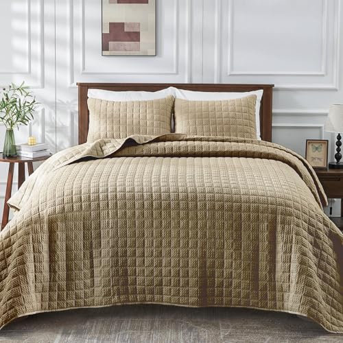Qucover Waffel-Tagesdecke, King-Size-Größe, 3-teilig, Taupe, Waffelmuster, King-Size-Größe, mit 2 Kissenbezügen, leichte Waffel-Steppbettwäsche für King-Size-Betten, Khaki, 269,2 x 248,9 cm