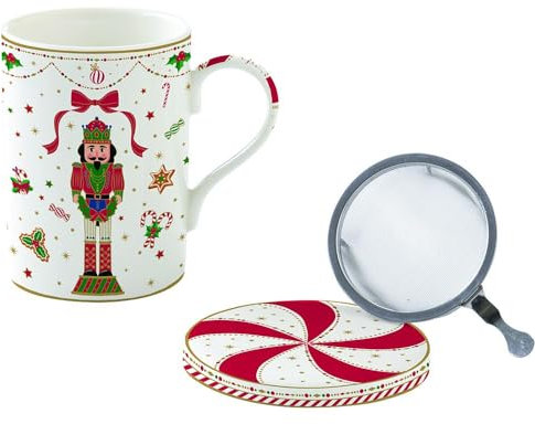 Easy Life Porzellan-Weihnachtstasse mit Teesieb und Vintage-Nussknacker „Nussknacker Twist“ 350 ml