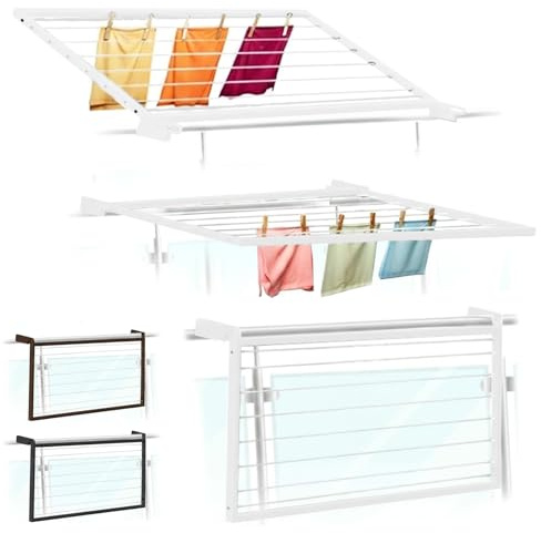 Flo.mar Stendino da Balcone e Parete 150x70 cm - Kit Montaggio Incluso - Stendibiancheria da Esterno Ribaltabile e Salvaspazio in Alluminio - 8 Cavi in Nylon - Stendipanni a Scomparsa (Flip)