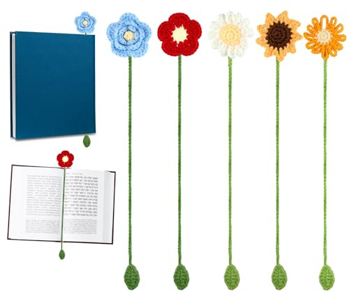 5pz Segnalibro Girasole per Donna, 5 Stili Segnalibri con Fiori all'Uncinetto Personalizzato Cravatta per Tende Lavorata a Maglia Fatta a Mano Ciondolo per Auto Regalo per Amante dei Libri