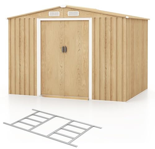 COSTWAY 8.5x6.5FT/6.5x4.5FT Metal Storage Shed, Outdoor Galvanized Tool Storage House with Floor Base, Lockable Doors, Air Vents, Ramp & Gloves, Weatherproof Garden Shed Building (8.5x6.5FT)